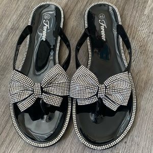 Black Rhinestone Sandals with Bow